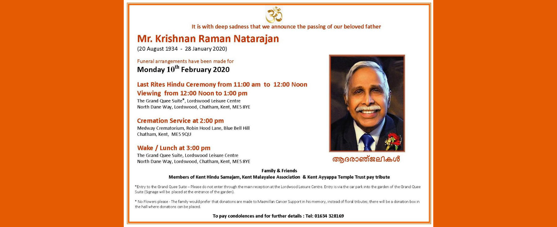 The funeral service and cremation of Mr Krishnan Raman Natarajan, Kent Hindu Samajam