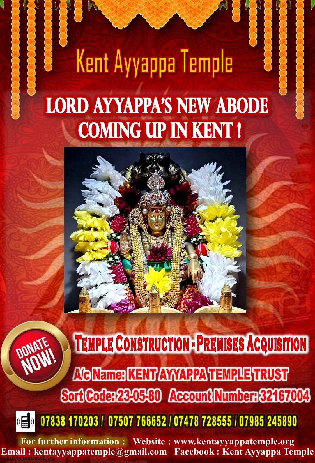 Kent Ayyappa Temple Premises Acquisition Poster 10 July 2024.